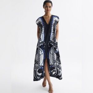 Reiss Viscose Black, White & Blue Printed Maxi Dress Belted Resort Vacation NWOT
